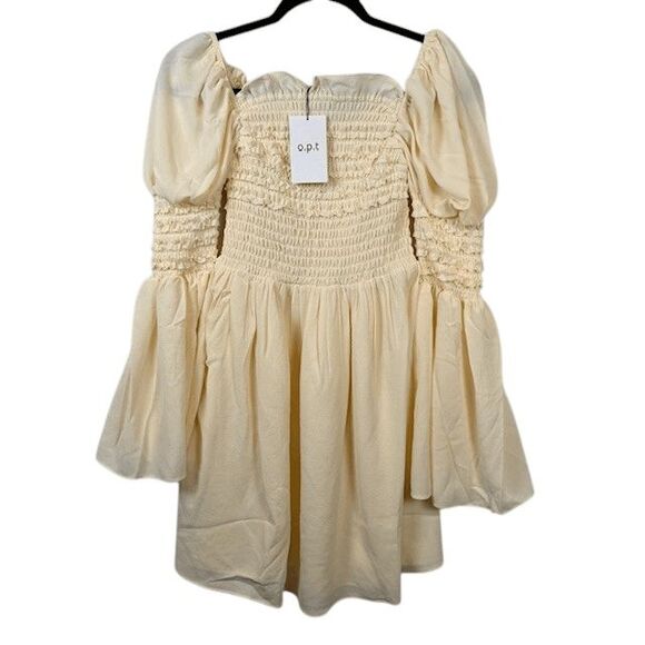 NEW! O.P.T. Luanne Dress Dark Cream Smocked Peasant Mini Dress Lined Size XS - Picture 2 of 11